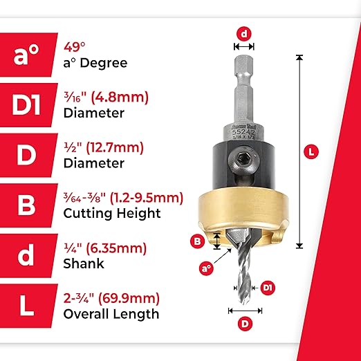 Amana Tool 82 Degree Countersink with Drill Bit Depth Stop and No-Thrust Ball Bearing, 55242, 1/2 D x 3/16 Drill D x 1/4 Inch Quick Release Hex Shank