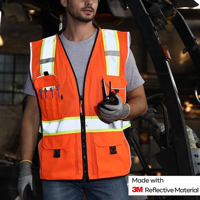 Neopelta Reflective Safety Vest Orange Mesh, Made with 3M Reflective Tape, Heavy Duty Vest with ID pocket, Padded Neck, Orange 2XL