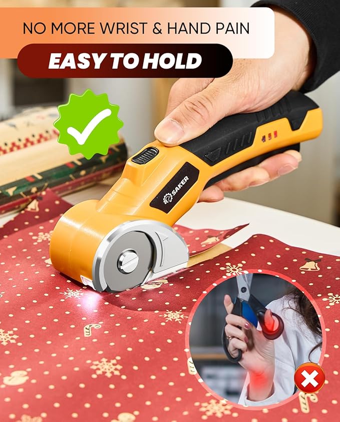 Saker Cordless Electric Scissors,Cardboard Box Cutter,4V Rechargeable Rotary Cutter with Safety Lock & LED Light,Cardboard Cutter for Cutting of Fabric, Leather, Carpet, Plastic, and More