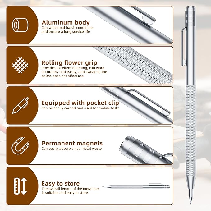5-Pack Tungsten Carbide Scriber, Metal Scribe Tool with 25 Replacement Marking Tips & Steel Ruler - Knurled Aluminum Handle & Magnet, Engraving Pen for Glass/Ceramics/Metal Sheet (5)