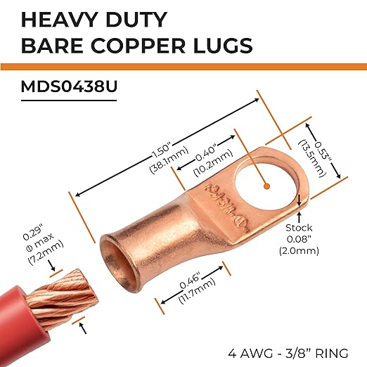 SELTERM 10pcs 4 AWG - 3/8" Stud - Battery Lugs, Heavy Duty Wire Lugs, Ring Terminals, Battery Cable Ends,4 Guage Terminals, UL Bare Copper Eyelets Electrical Battery Terminal Connectors