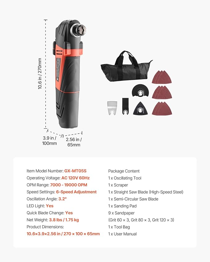 VEVOR Multitool Oscillating Tool, 4Amps Electric Oscillating Multi Tool Corded with 6 Variable Speeds 7000-19000 OPM, 3.2° Oscillating Angle, 13PCS Saw Accessories, LED Work Light & Tool Bag