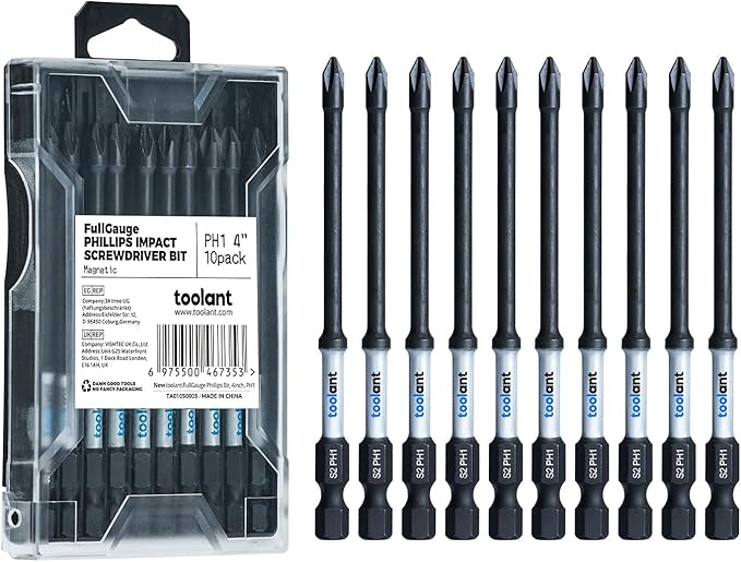 toolant 4 Inch Phillips Bit#1 Magnetic Anti Slip Impact Screwdriver Bits Set,10pcs Insert S2 Steel PH1 Driver Dit Set with CNC Machined Tips for Power Drill