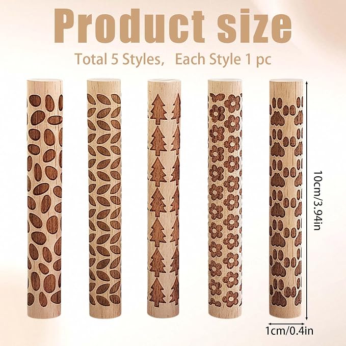 5 PCS Wooden Clay Texture Rollers Set, 100mm Pottery Pattern Rolling Pins - Image 2