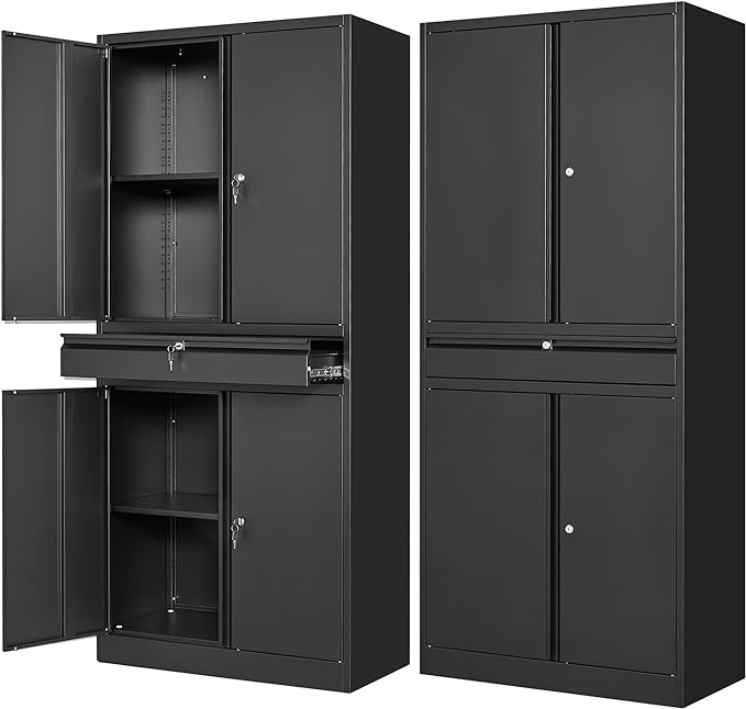 Letaya Metal Garage Storage Cabinet with Drawer,4 Door Tool Cabinet with Lock-2 Adjustable Shelves for Garage Home Office Utility Room (Black)