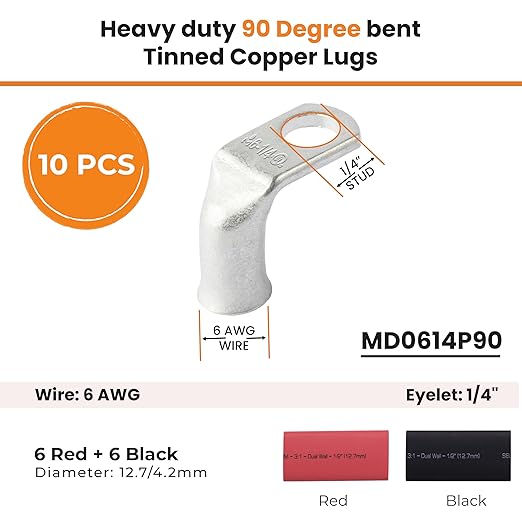 SELTERM 10pcs - 6 AWG 1/4" Stud - 90° Bent Battery Lugs - Ring Terminal Connectors with 12pcs 3:1 Black & Red 1/2" Heat Shrink Tubing | Heavy Duty Battery Cable Ends - Tinned Copper Wire Connector Kit