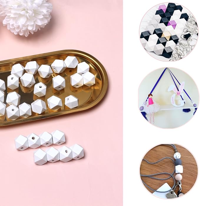 50pcs 15mm White Geometric Wooden Beads, Hole 3mm, Spacer Beading Supplies - Image 4