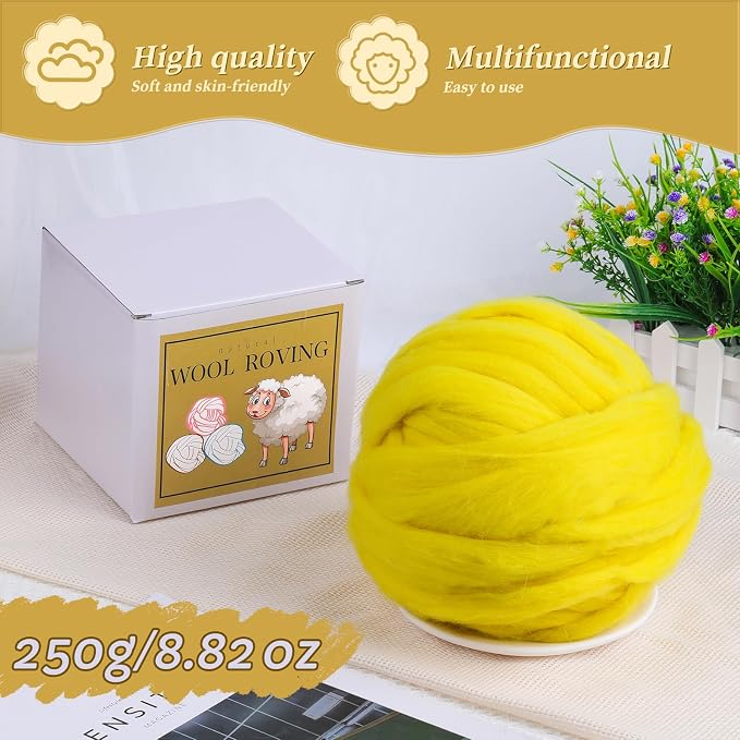 QMNNMA Wool Roving Bulk, 8.82oz Needle Felting Wool, Wool Roving Top-Yellow | - Image 2