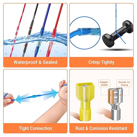 Kuject Ultimate Heat Shrink Wire Connectors, 1500PCS Waterproof Electrical Spade Connectors kit, Insulated Crimp Ring Fork Spade Terminal T-Tap Solder Butt Splice Connectors for Marine Boat Truck