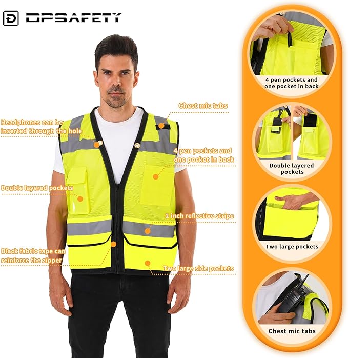 Reflective Safety Vest With Back Plan Pocket, High Visibility Class 2 Heavy Duty Surveyor With Zipper, Hi Vis ANSI/ISEA Standard, Construction Work for MenWomen (Lime, 4XL)