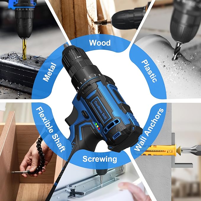 Cordless Drill Set,12V Power Drill Driver 3/8" Keyless Chuck with 42 Acessories, Built-in LED Light, 25+1 Position, Electric Drill for Home DIY Projects（Blue）