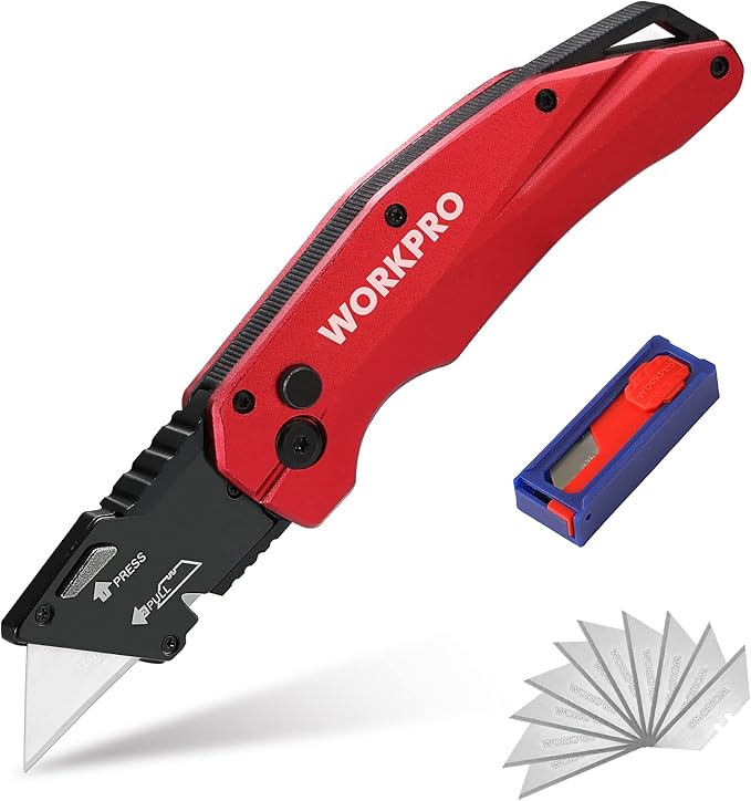 WORKPRO Folding Utility Knife, Heavy Duty Metal, Quick Open Axis Lock Box Cutter, Quick Change Blade Razor Knife, 1PC with 10 Extra SK5 Blades