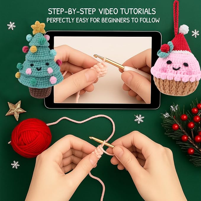 HOUSE CREATIVITY Crochet Kit for Beginners – Make a Christmas Tree & Cupcake - Image 3