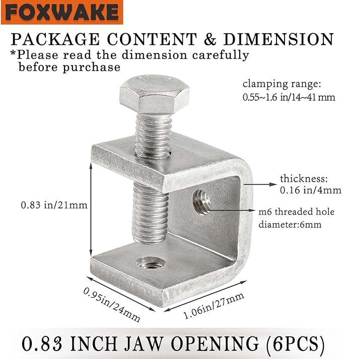Mini C Clamps Stainless Steel 0.83 Inch for Working, Heavy Duty Small U Clamps for Metal Mounting, Universal Desk Clamp with Stable Wide Jaw Opening/I-Beam Design (6pcs)