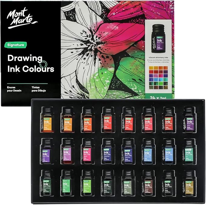 Mont Marte Drawing Ink Colors Signature 24pc x 0.24 US fl.oz, Art Set Includes by MontMarte