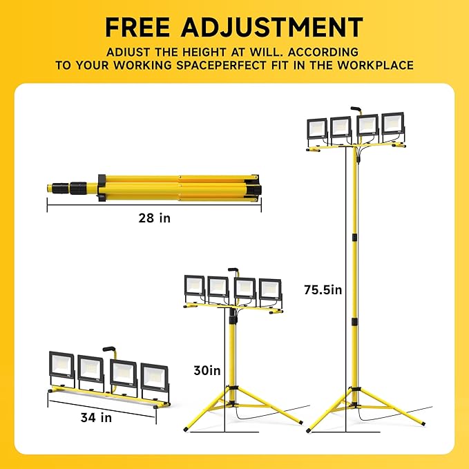 TOPRATED Plug in Led Work Light with Stand,28000 Lumen 110V 4 Adjustable Head Outdoor Flood Lights,Foldable Mechanic Light with 16.5Ft Power Cord,Portable Waterproof Tripod with Lamp for Workbench