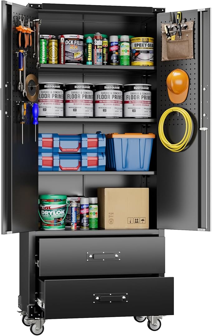 Aobabo Upgraded Metal Garage Storage Cabinet with Wheels and 2 Drawers, Lockable Rolling Tools Cabinet with Pegboards and Hooks,Assembly Required,Black