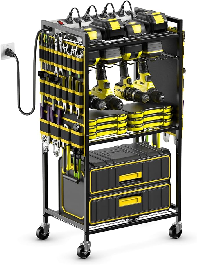 JUNNUJ Large Power Tool Organizer Cart with Charging Station, Garage Floor Standing Rolling Drill and Tools Battery Storage Cart on Wheels, Heavy Duty Rack Shelf with 8 Outlet Power Strip, Yellow