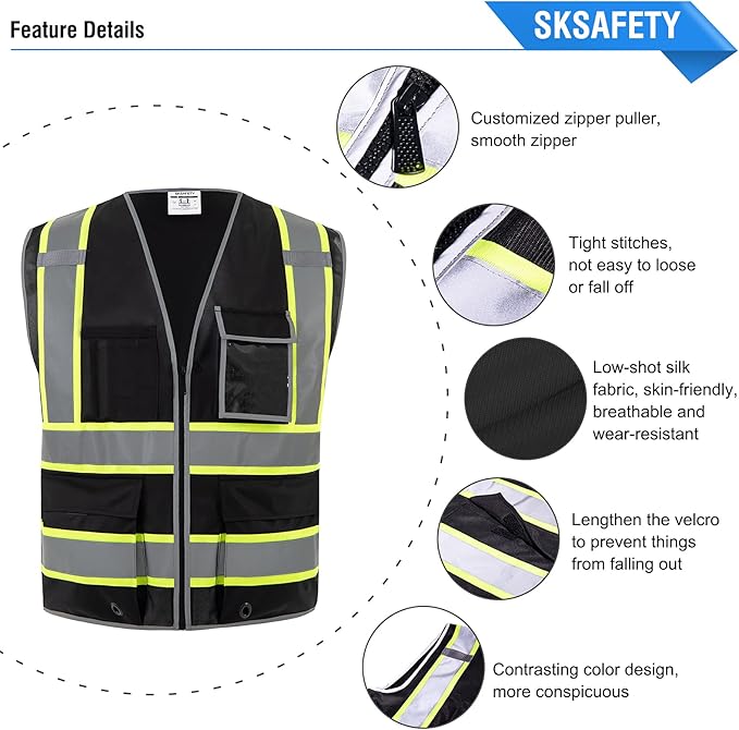 SKSAFETY 10 Pockets Safety Vest, Class 2 High Visibility Security with Zipper, Hi Vis Vest with Reflective Strips, ANSI/ISEA Standard, Construction Work Vest for Men ＆ Women （Black, L）