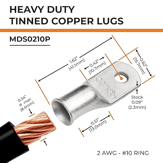 SELTERM 2pcs 2 AWG #10 Stud Tinned Copper Wire Lugs, Battery Lugs, Ring Terminals, Battery Cable Ends, 2 Gauge Ring Terminal Connectors, UL Marine Grade Electrical Battery Terminal Connectors