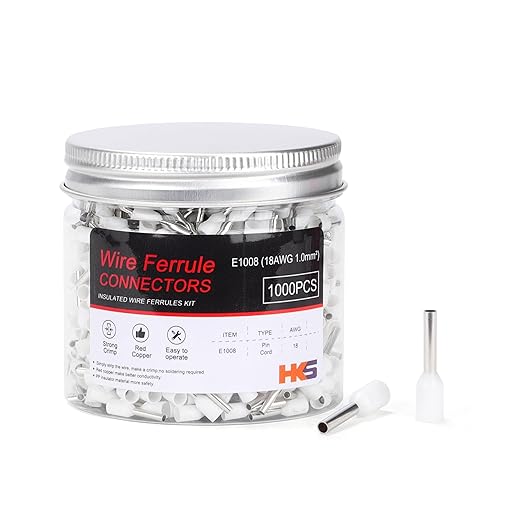 HKS 1000PCS Wire Ferrule Connectors - AWG18-1.0mm² Copper Barrel Pin Cord Ends Insulated Ferrules Terminals - E1008 White