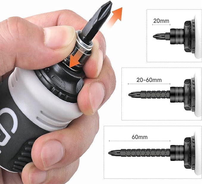 Buspoll Ratcheting Stubby Screwdriver - Adjustable Length, Reversible Dual End, Magnetic Tip - Compact, Portable, Pocket Size.