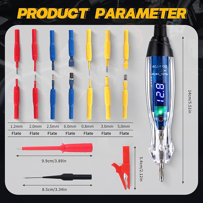 Test Light Probe Kit, 3-72V DC LED Digital Automotive Circuit Tester with Voltmeter, 18 Pieces Multi Function Auto Fuse Voltage Tester Electric Probe Test Kit with Black Carrying Case