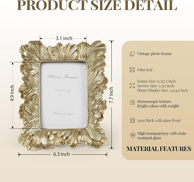 Cuspin 3.5x5 Picture Frame Small Gold Frames, Vintage Gold Palm Leaves Textured - Image 4