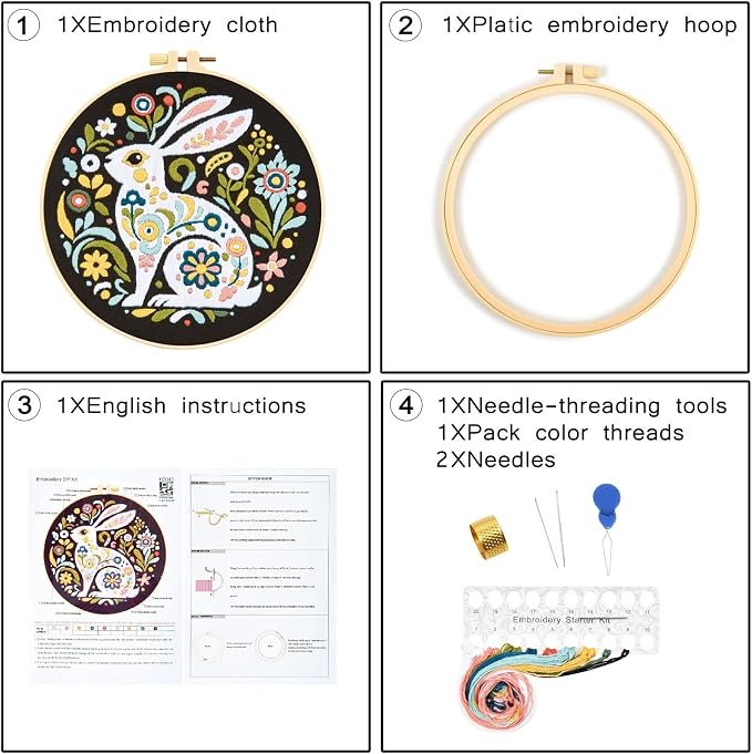 Crafmanoe Embroidery Kits for Beginners Adults, Flowers Rabbit Embroidery - Image 3