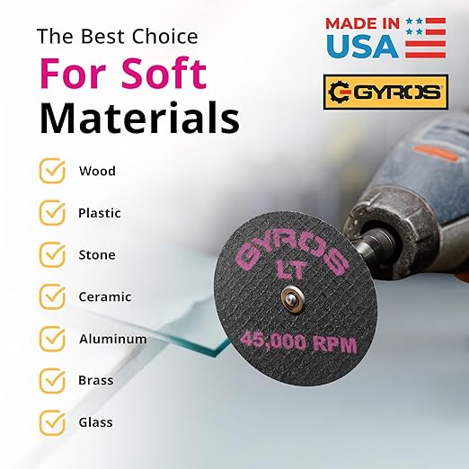 GYROS 1.5” Resin Cut-Off Wheels for Rotary Tools | 12 Double Fiberglass Reinforced Discs | For Wood, Plastic, Stone, Aluminum, Copper, Brass | Dremel Cutting Tool Accessory | Made in USA 11-32154/12