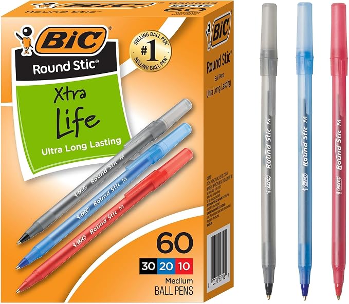 BIC Round Stic Xtra Life Assorted Ink Ballpoint Pen's, Medium Point, 60-Count by BIC