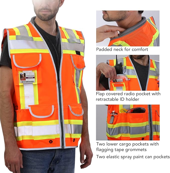 Dib Safety Reflective Vest Heavy Duty, High Visibility Two Tone Engineer Vest, Made with 3M Tape, Padded Collar, Retractable ID Pocket, Orange 2XL