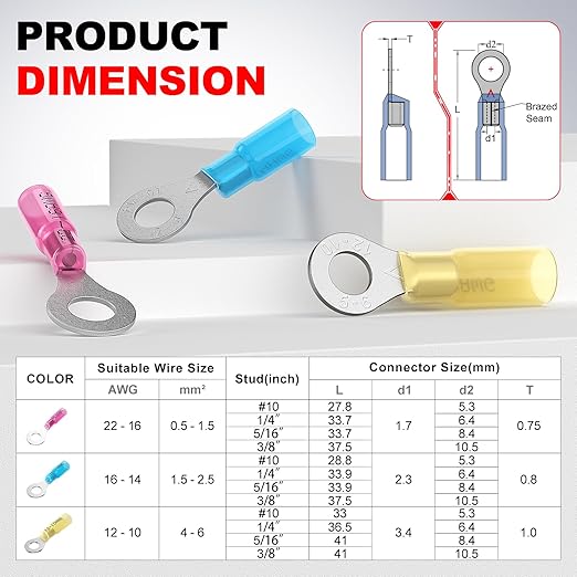 AIRIC 22-16 AWG Heat Shrink Ring Terminals Kit #10 1/4" 5/16" 3/8", Copper Terminal Connector Ends, Battery Cable Lugs, Red Electrical Crimp Connectors, Wire Lug for 22, 20, 18, 16 Gauge Wires, 100PCS