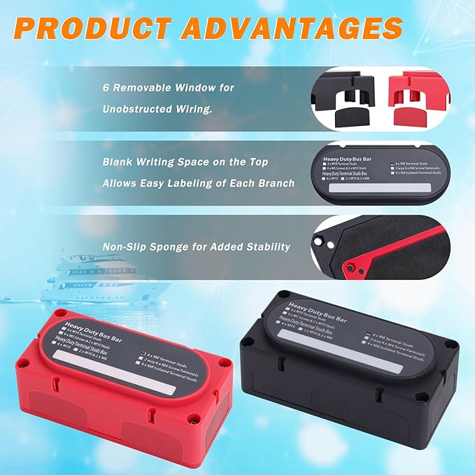 300A Heavy Duty Module Bus BAR 12V 24V 48V DC Power Distribution Block with 4 x 5/16" (M8) Battery Terminal Distribution Block - Buss Bar -Marine Bus Bar (Black & Red)