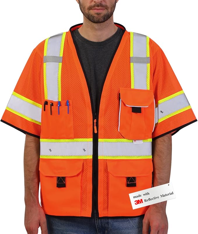 Dib Safety Reflective Mesh Vest ANSI Class 3, High Visibility with Pockets and Zipper, Made with 3M Reflective Tape, Orange M