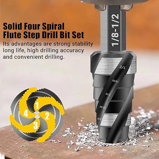 Four Spiral Flute Step Drill Bit, HSS Step Drill Bits (1/8"-1/2") Unibit Step Drill Bit, 1/4" Shank Step Bits for Aluminum, Metal, Wood, Plastic