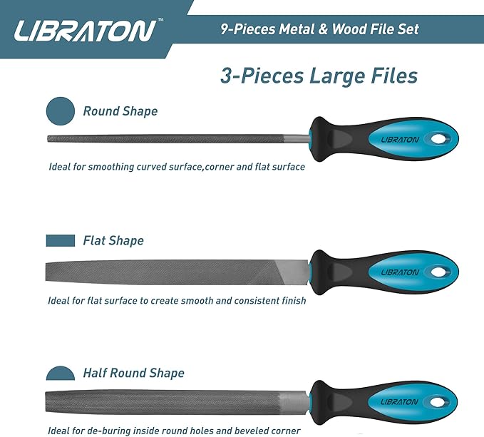 LIBRATON Metal Files - 9pc Set, Needle, Flat, Round, Half-Round Files for Metal & Woodworking