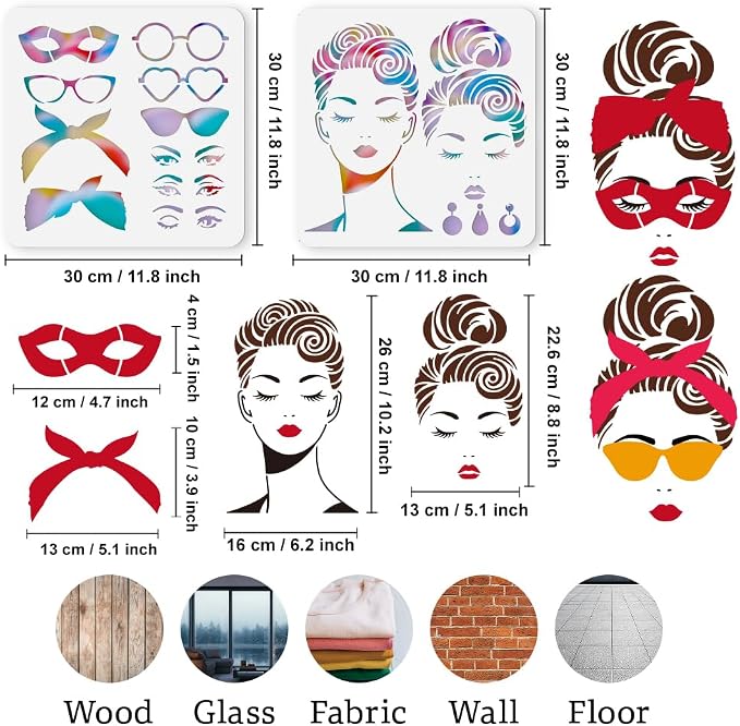2Pcs Retro Lady Face Stencils for Painting, 11.8"x 11.8" Reusable Combinable - Image 2