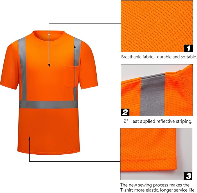 High Visibility Shirts Quick Dry Safety T Shirts with Reflective Strips and Pocket Short Sleeve Mesh Hi Vis Construction Work Class 2 Shirt for Men/Women Orange,Small