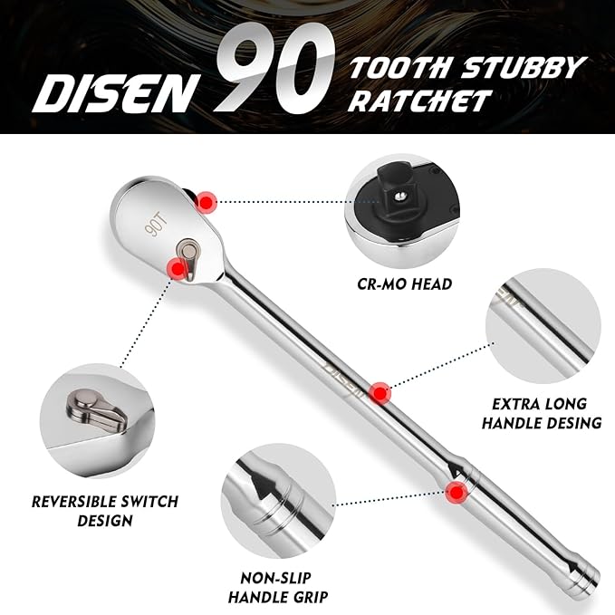 DISEN 1/2" Drive Ratchet,90-Tooth Ratchet Wrench with 14" Handle and Dust Proof Teardrop Enclosed Head, Reversible, CR-V Steel Made, CR-MO Head, Full Polished, Gifts for Men