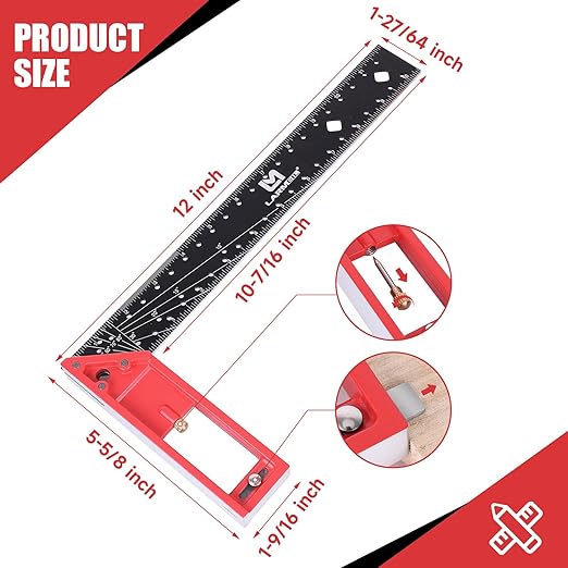 12 Inch Framing Square Carpenter Square, Tri Square Tool, Try Square for Woodworking, T Square Ruler, L Square Ruler, Right Angle Ruler，Framing Tools, Anodized Ruler Body, Red & Black