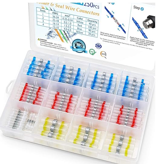 TICONN 250 Pcs Solder Seal Wire Connectors, Heat Shrink Butt Connectors, Waterproof and Insulated Electrical Wire Terminals, Butt Splice (250PCS)