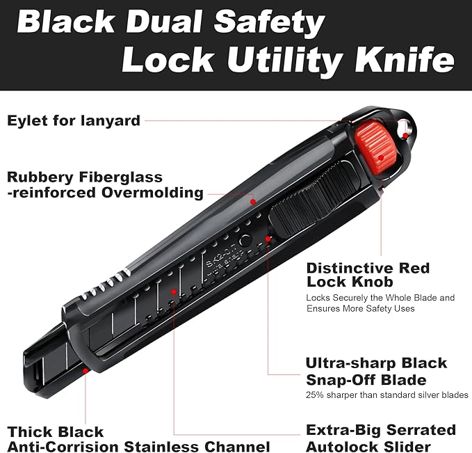 2PCS HAUTMEC 18mm Extra Heavy Duty Utility Knife with Double Lock Mechanism, Auto-Lock and Ratchet- Lock for Double Safety, SK2 Sharp Black Blade for Industrial or Construction Applications HT0136-2PC