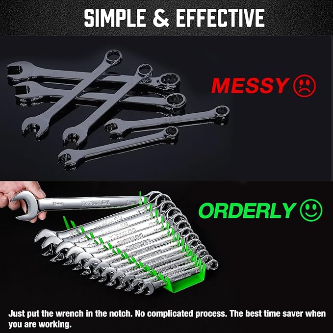 ALOANES 130-Slot Metal Wrench Organizer, Heavy Duty Wrench Organizer Tray for Tool Box, Fit SAE & Metric Wrench Storage, 10 Pack Wrench Holders(Green)