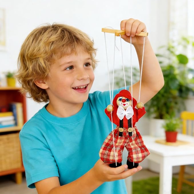 6 Pack Wooden Marionette Puppets Clown Pull String Puppets Movable Hands and - Image 5