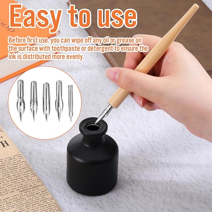 salbsever 12PCS Dip Pen Nibs, Dip Pen Set, 2 Wooden PenHolders and 10 Stainless - Image 4