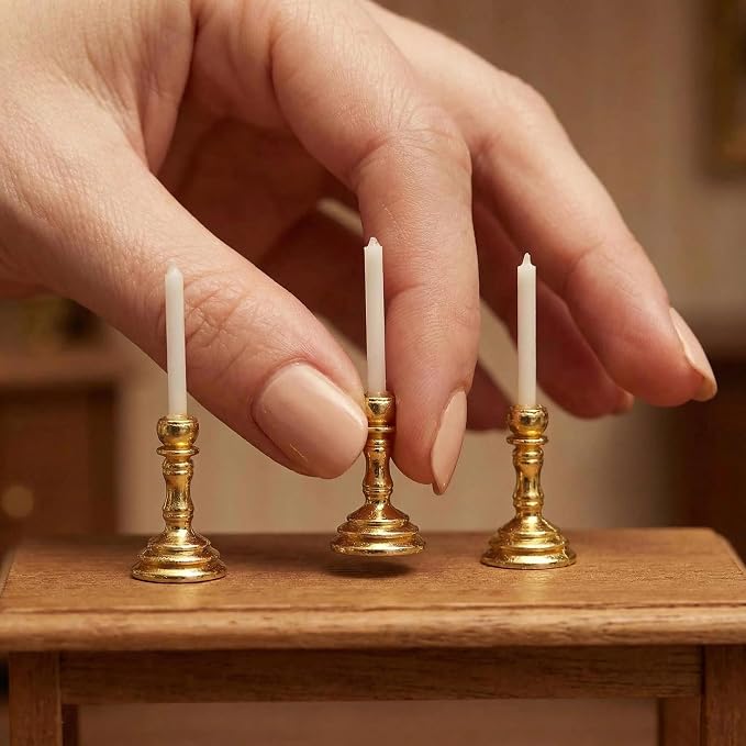 3PCS Vintage Miniature Candlesticks Set 1:12 Scale Metal Base Candle Holder - Image 3