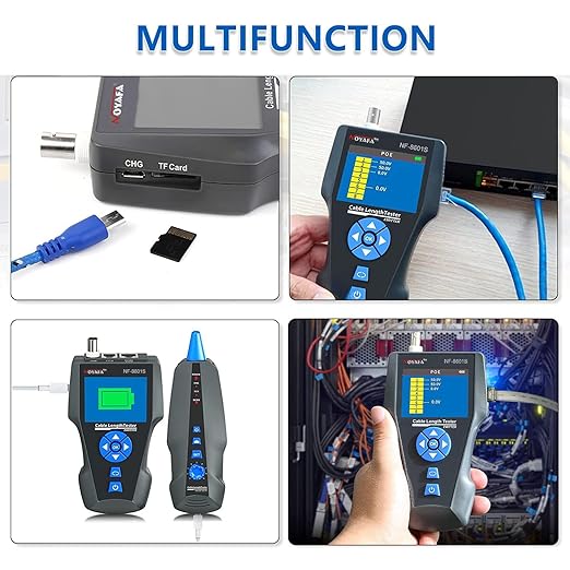 Network Cable Tester, NF-8601S TDR Multifunction LCD Tracer for RJ45, RJ11, BNC, Metal Cable, PING/POE Length Measurement Phone Line Tracer, Diagnostic Tool Tester