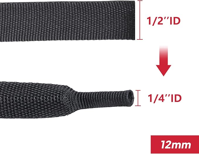Black 2:1 Ratio Automotive Heat Shrink Braided Sleeving,Wear-Resistant Flat Woven Shrinkable Sleeve Fabric Car Cable Wires Hoses Protection (1/2"-26ft)