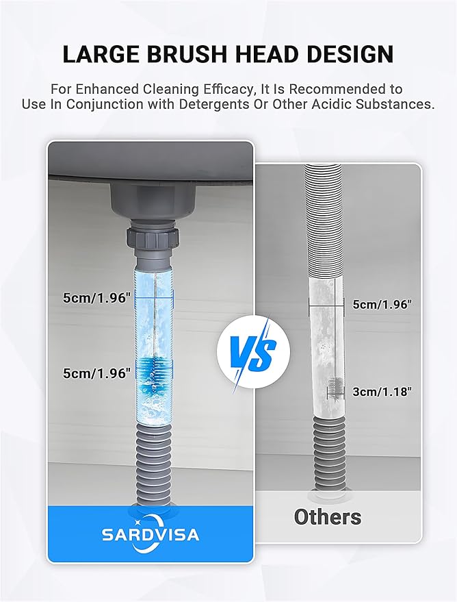 Flexible Long Drain Brush Tool with Large Double Elastic Nylon Ends, Stainless Steel Tube Cleaner Brush for Kitchen, Sink, Drain Pipe, and Long Pipe Cleaning, 2 Straw Cleaning Brushes